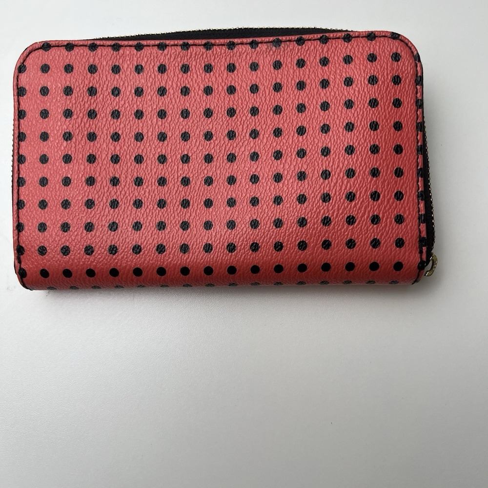 Fossil Women Wallet Coral Orange Polka Dot Card Slots Zip Around 6.5" x 4"